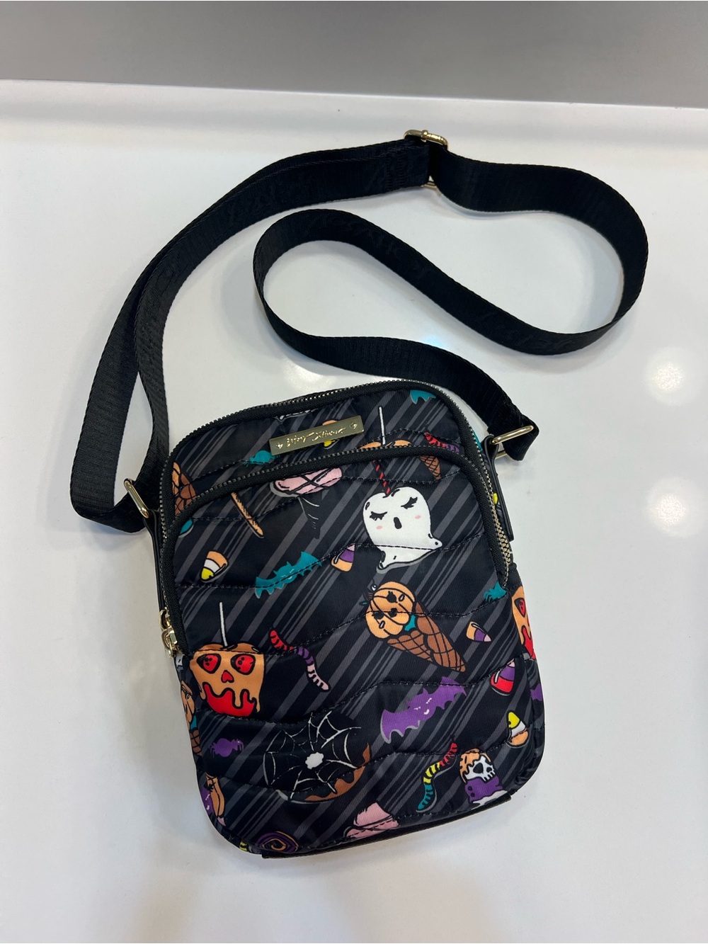 Betsy Johnson Spooky Print Crossbody Bag with Black Strap